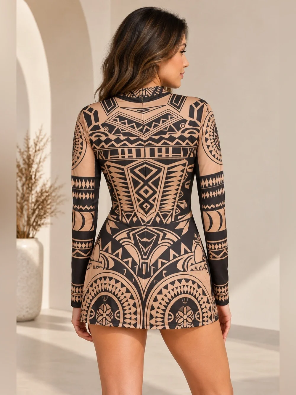 COOFANDY Tribal Geometric Long Sleeve Mini Dress XXL